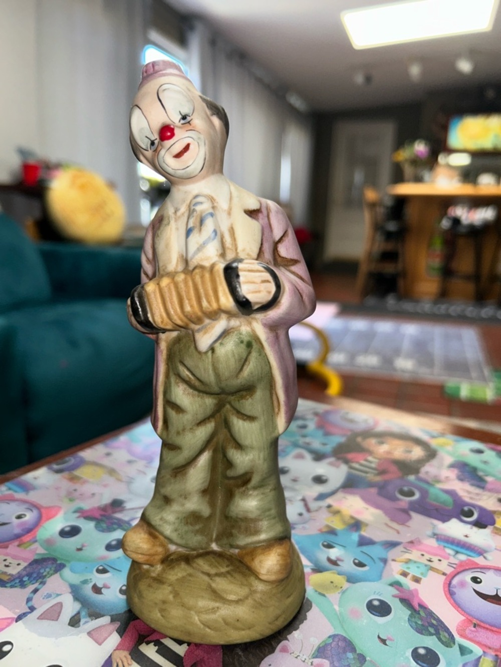 Hand-Painted Green & Pink Clown Ceramic Figurine